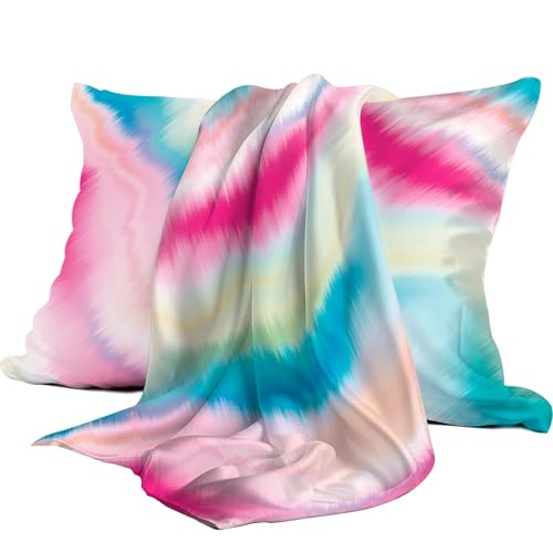Brezoo Satin Pillowcase, Softer Than Silk Pillow Cases 2 Pack, Satin Pillowcases with Zipper, Cooling Pillow Cases King Size Set of 2, Gift for Women Men, Shine Rainbow