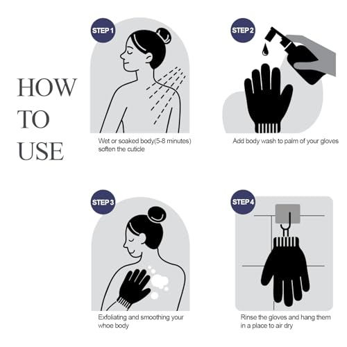 Evridwear Exfoliating Dual Texture Bath Gloves for Shower, Spa, Massage and Body Scrubs, Dead Skin Cell Remover, Gloves with hanging loop (1 Pair Heavy Glove) (Black)