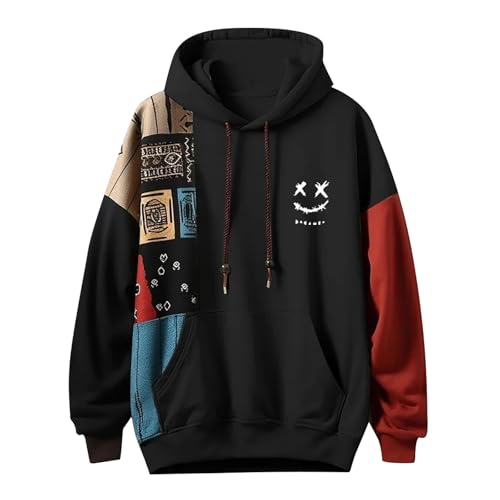 Image of Generisch Men's Fashion Casual Part Print Hoodie Long Sleeve Drawstring Top Sweatshirt for Men with Modern Streetwear Design, black, M