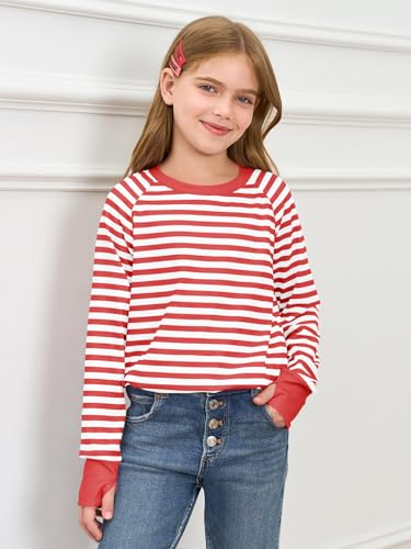 Image of Haloumoning Girls Striped Long Sleeve Shirts 5-14 Years | Thumb Hole, Crewneck, girls tops,Tunic Tops, Curved Hem Tees