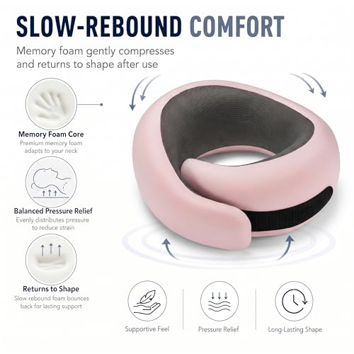 Image of Travel Neck Pillow for Airplanes, 100% Pure Memory Foam Travel Pillow with Ergonomic 360 Support, Travel Essentials for Long Flights, Car, Train and Home, Max Pink