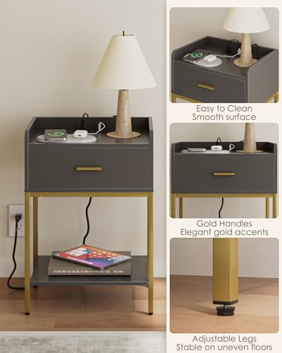 Image of Masupu Nightstand with Charging Station,3-Tier Modern Bedside Night Stand with Storage Drawer and Shelf,Small End Side Table for Bedroom,Living Room,Grey