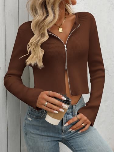 Image of Sumleno Women Y2k Zip Up Cropped Cardigan Sweater Long Sleeve Solid Color Slim Fit Ribbed Knit Tops Trendy Fall Clothes