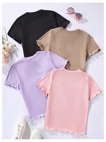 SweatyRocks Girl's 4 Pack Lettuce Trim T Shirt Ribbed Knit Short Sleeve Crew Neck Solid Tee Tops2