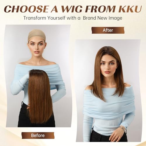 Image of KKU 16 Inch Brown Mixed Blonde Human Hair Wigs for Women,5x5 Lace Front Wigs Human Hair,wigs for women