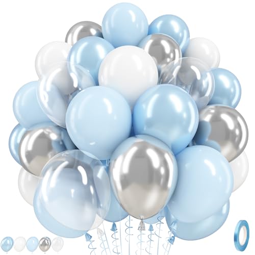Image of Blue and White Balloons, 12 Inch Baby Pastel Light Blue White Metallic Silver and Clear Latex Balloons for Boy Baby Shower Birthday Bridal Wedding Graduation Wonderland Winter Holiday Party Decoration