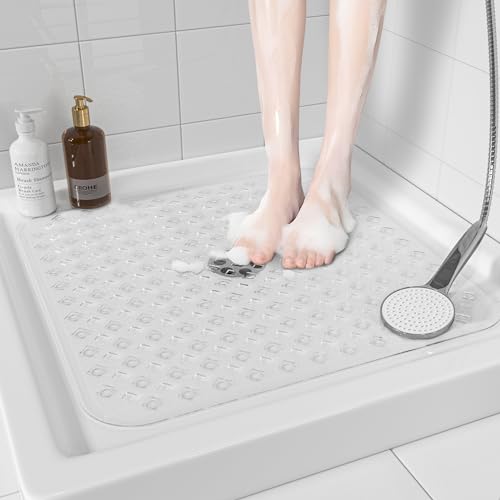 XIYUNTE Square Shower Mat Non Slip Anti Mould - 53 x 53cm Non Slip Shower Mats for Inside Shower, Anti Slip Shower Mat for Elderly, Shower Tray Mat with Suction Cups & Drain Holes, Machine Washable