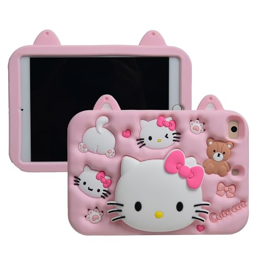 Cartoon Case for iPad 10.2MONEHOYSY Cute Soft Silicone Kickstand [Drop Proof Shock Proof Anti Slip] Back Stand Cover Case for Kids Children Teens Girls Boys (Kitty-1)
