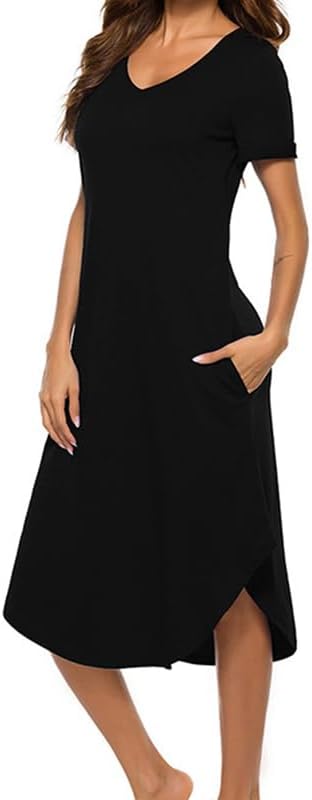 CFLONGE Womens Short Sleeve V-Neck Midi Dress with Pockets, Black Casual Beach T-Shirt Dress with Split Hem