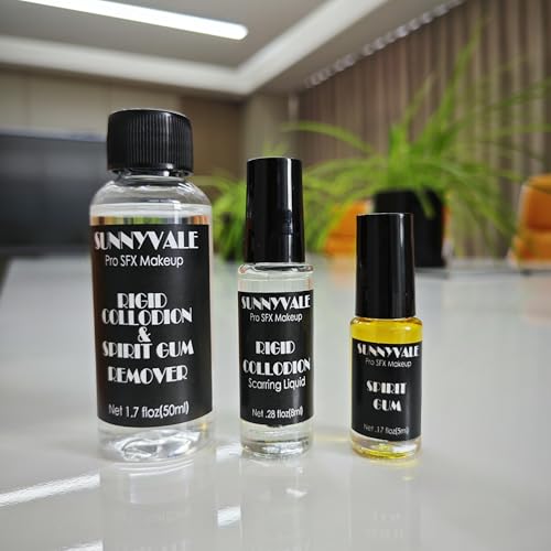 SUNNYVALE Spirit Gum Adhesive + Rigid Collodion + Remover Kit - 5ml Scarring Liquid + 8ml Body Glue for Skin with SFX Makeup Remover 50ml, Professional for Halloween, Costume, Stage, Cosplay Makeup