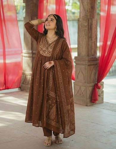 Image of GoSriKi Rust Anarkali Kurta Set for Women with Dupatta | Cotton Kurti Set for Woman | Embroidered Anarkali Suit for Women Kurti Pant Set with Dupatta | Suit Set for Women Latest