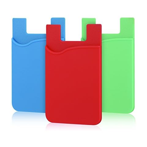 3Pack Cell Phone Card Holder Pocket for Back of Phone,Silicone Stick on Wallet Credit Card ID Case Pouch Sleeve Self Adhesive Sticker for iPhone 15 14 13 12 Pro Max,iPad,Samsung Galaxy-Blue/Green/Red Cover