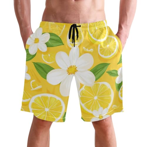 Men's Swim Trunks Quick Dry Swimming Shorts with Pocket Lemon Slice Flower Pattern Swimsuit Trunks