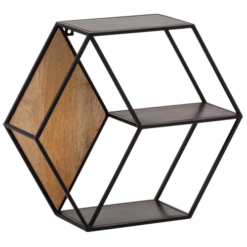 FineBuy Wandregal 60x52x20 cm Mango Massivholz/Metall Hängeregal Industrial, Design Schweberegal Sechseckig, Dekoregal Hängend Wabenform, Regal Wand mit 3 Ablagen Schwarz