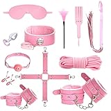12er BDSM Bondage Set Fesselset Erotik SM Sex Spielzeug Zugband Handschellen Knöchelmanschetten Analplug Nippelklemmen Ballknebel Federkitzler Augenmaske Peitsche Paddel Baumwollseil (rosa)