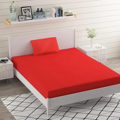 Image of Strip Glace Cotton Single Bedsheet with One Pillow Cover (Red, Single)