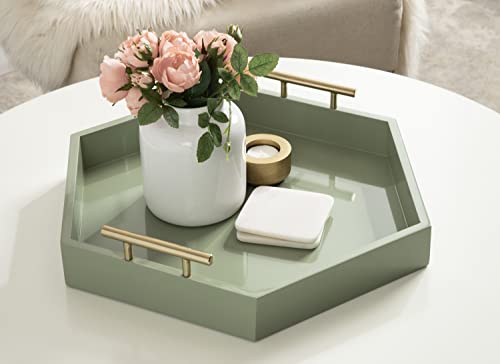 Image of Kate and Laurel Lipton Modern Hexagon Tray; 18 x 18; Sage Green with Gold Handles; Midcentury Decorative Serving Tray for Storage and Display in Living Room Decor Scheme