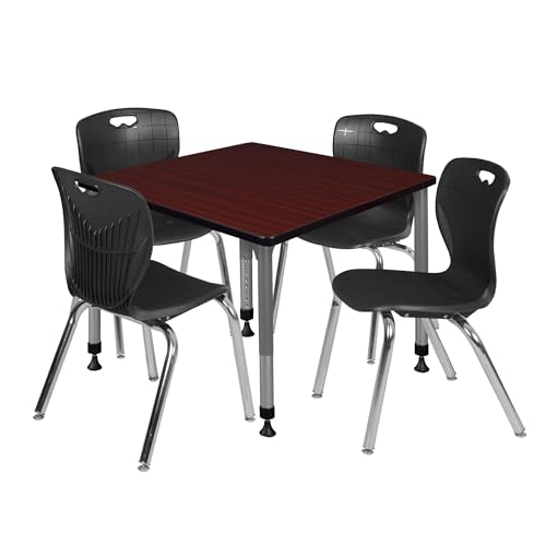 Romig Trek 42 in. Square Adjustable Classroom Table- Mahogany & 4 Andy 18 in. Stack Chairs- Black & Grey Base