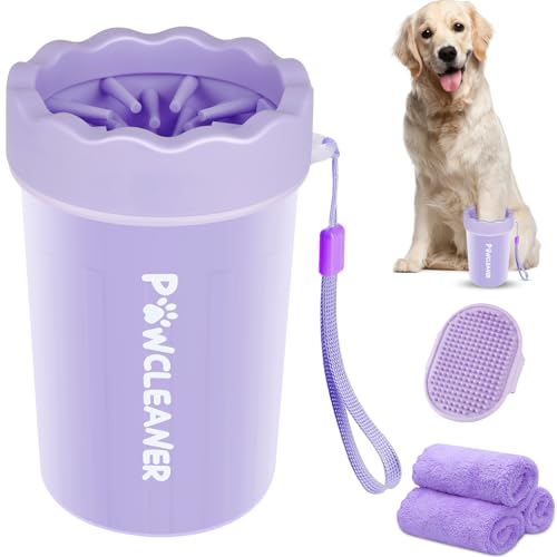 Professional 7 in 1 Dog Paw Cleaner for Dogs & Cats - Includes 1 Portable Paw Washer, 1 Bath Brush, 2 Dog Toothbrushes and 3 Absorbent Towels Note: Fits Paws 1.5 to 2.5 Inches Wide (Medium, Purple)