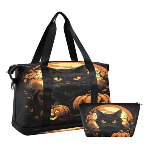 ALAZA Happy Black Cat Kitten Pumpkin Halloween Duffel Bag with Shoe Compartment Tote Bag Weekender Overnight Bag with Wet Pocket for Travel,Gym,Yoga,Swimming