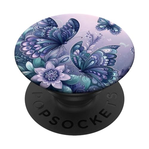 Lavender Purple Flower and Butterflies Teal Floral Butterfly PopSockets PopGrip Intercambiabile