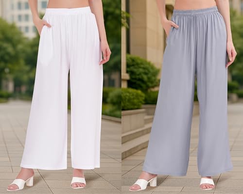 Image of Buy That Trendz Palazzo Pants for Women Cotton Rayon Elasticated Regular Fit Flared Wide Leg M to 6XL Pack of 2