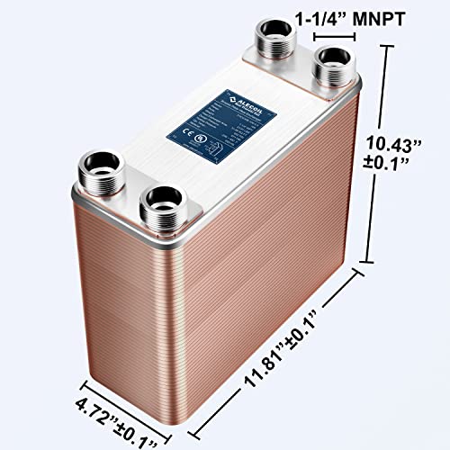 Alecoil 5\"x12\" 100 Plates Heat Exchanger with 1-1/4\" MPT Port Water to Water 316L Stainless Steel Brazed Plate Heat Exchanger for Water Heating, Floor Heating, Commercial and Industrial Refrigeration