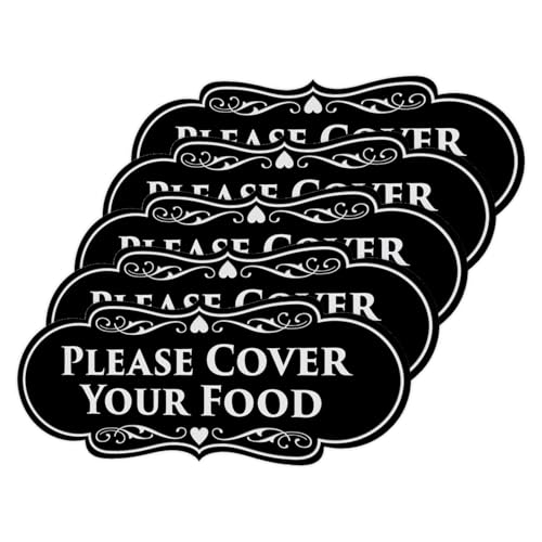 Signs ByLITA Designer Please Cover Your Food Sign (Black Silver) - X-Large (5 Pack)