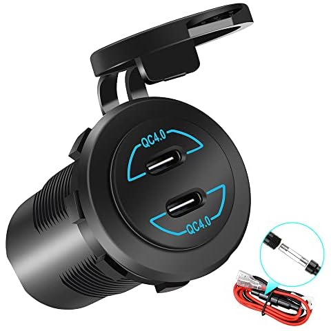 12V PD Type C Outlet, HOKAAER Quick Charge 4.0 Dual PD Power Outlet, Waterproof 12V/24V 120W Type C Car Charger Socket with Dual Ports for Car Marine Boat Bus Golf Cart Motorcycle RV Truck Cover