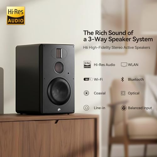 HiVi-Swans H6スタジオモニターブックシェルフスピーカーペア、6.5インチ高解像度オーディオ3ウェイHi-Fiスピーカー240W、WiFi/Bluetooth/光学/同軸/ライン/バランス付き、音楽&映画用ホームシアタースピーカー。