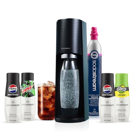 SodaStream Terra Sparkling Water Maker Bundle in Black – includes CO2, Carbonating Bottle, and Pepsi® Zero Sugar, Starry® Zero Sugar and MTN Dew® Zero Sugar 4-Flavor Variety Pack