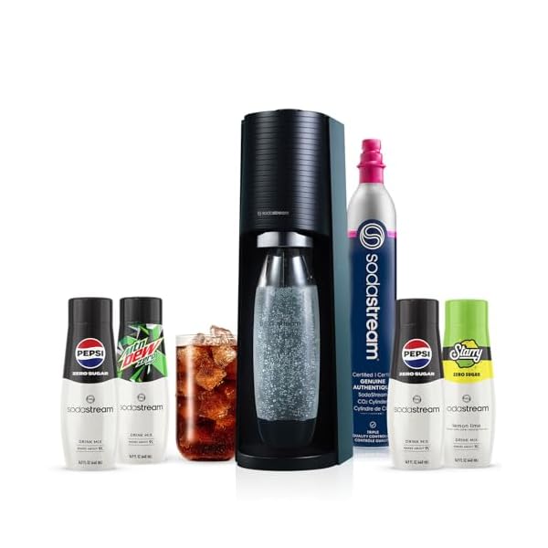 SodaStream Terra Sparkling Water Maker Bundle in Black – includes CO2, Carbonating Bottle, and Pepsi® Zero Sugar, Starry® Zero Sugar and MTN Dew® Zero Sugar 4-Flavor Variety Pack