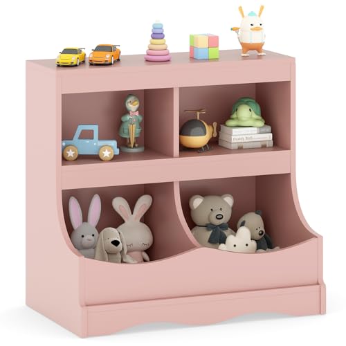 Image of HONEY JOY Kids Toy Storage Organizer, 4-Cubby Wooden Bookcase Cabinet, 2-Tier Open Daycare Shelf for Preschool, Kids Display Bookshelf for Bedroom, Playroom, Classroom & Nursery (Pink)
