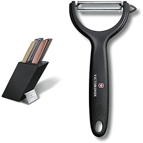 Swiss Modern Messerblock, 6-teilig, farbig, Buchenholz schwarz & Universalschäler Set für Obst Gemüse Cover