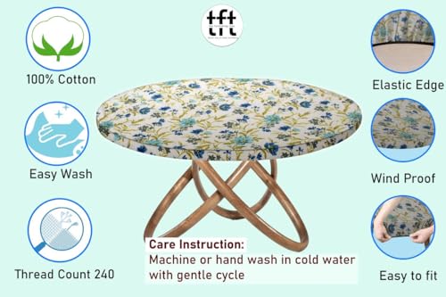 Image of The Furnishing Tree Elastic Cotton Round Dining Table Cover 40x40 in Inches Floral Blue Leaf on offwhite Base