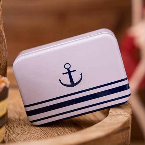 Caixa de lata náutica âncora marinha – Recipiente de armazenamento portátil de 9,4 cm para pequenas bugigangas, moedas e medicamentos, estojo decorativo marítimo minimalista para casa e viagens