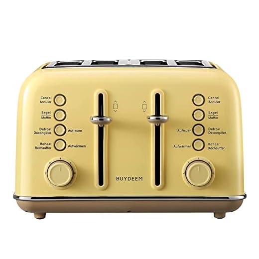 BUYDEEM DT640E Tostadora de Pan 4 Rebanadas de Ranuras Anchas, Tostador Vintage de Acero Inoxidable de 7 Niveles, Función de Calentamiento y Descongelación, Recolector de Basura Extraíble (Yellow)