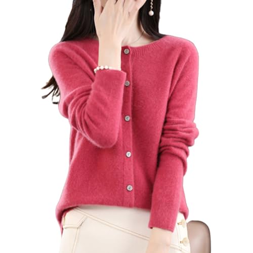 TeysHa Women's Cashmere Cardigan Sweater,Wool Crew Neck Button Down Long Sleeve Cardigan Sweater,Soft Warm Knit Elastic Jumpers (Raspberry red,Medium)