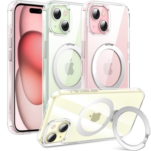 LOOIOO Clear iPhone 15 Case - MagSafe with Stand Apple Cover Slim Thin [Non-Yellowing] [Anti-Fingerprint Scratch] [Wireless Charging] Shockproof Clear