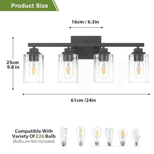 Image of Matte Black Bathroom Light Fixtures, 4-Light Vanity Lights over mirror
