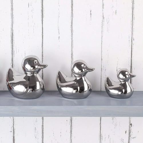 Image of Set Of 3 Decorative Pieces Silver Duck Ornaments, Ceramic, Bathroom, Stunning Decor