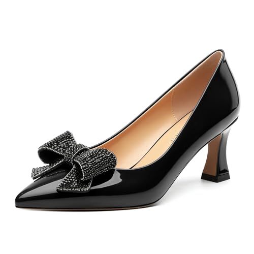 Image of Heels for Women Closed Patent Pointed Toe Bow Pumps Slip on Kitten Low Heels Wedding Party Dress Office Shoes 2.5Inch