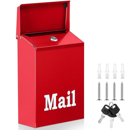 Image of MorningRo 10 x 7 x 3 Inch Small Red Wall Mount Mailbox with Lock Key for Outside Apartment Porch Rust Proof Security Key Drop Box for Letters Newspapers Cards