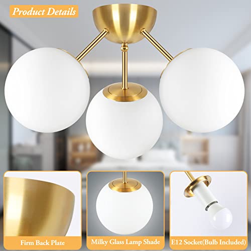 Lakumu 3-Light White Frosted Globe Glass Semi Flush Mount Ceiling Light, Brushed Brass Mid Century Ceiling Lamp, Modern Hanging Ceiling Light Fixture For Entryway Kitchen Foyer Living Room(Bulb Incl.) #TOP3