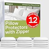 Standard Size Pillow Protectors with Zipper – Set of 12 Breathable Pillow Covers – 100% Protection Against Stains, Dust & Dirt – Machine Washable