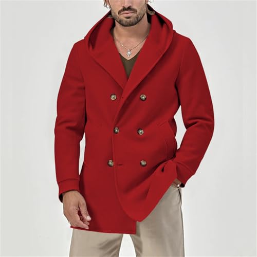 Men's Wool Blend Pea Coat Casual Trench Coat Hooded Collar Double Breasted Overcoat Slim Fit Mid Long Jacket for Spring2