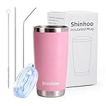 Shinhoo 20oz/ 550ml Insulated Travel Mug Reusable Coffee Cup Tumbler with Straw and Lid for Hot Cold Drinks (Pink)