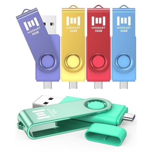 MOSDART 32GB USB 2.0 C and A Dual Flash Drive, FAT32 Memory Stick, for iPhone 15 and 16, Android Phone, iPad, MacBook, and Other Laptops, Vibrant Colors (Pack of 5) 32GB X 5