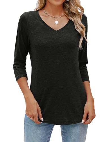 Sherosa Womens V Neck 3/4 Sleeve T Shirts Loose Fit Shirts Casual Solid Basic Tops Tees Blouses