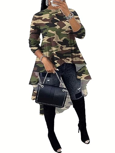 Famnbro Women's Camo Print Long Sleeve High Low Asymmetrical Ruffle Hem Camouflage Tops Blouse Shirt Dress